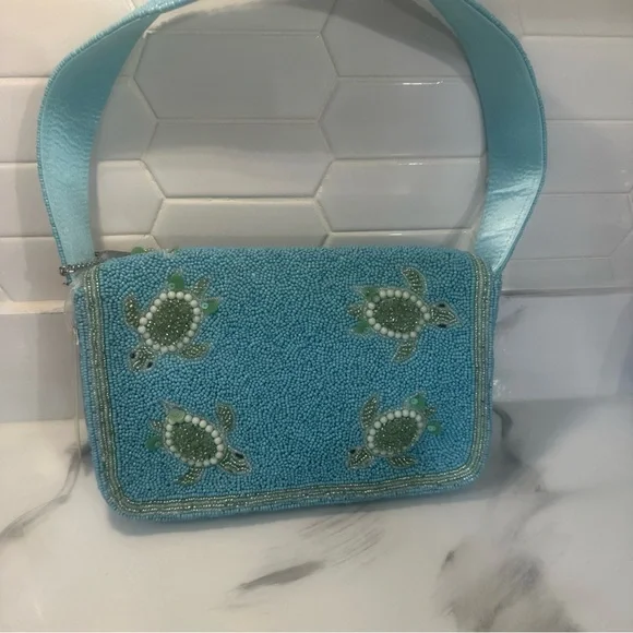 Beaded Turtle Embellished Shoulder Bag in Aqua - Picture 2 of 2